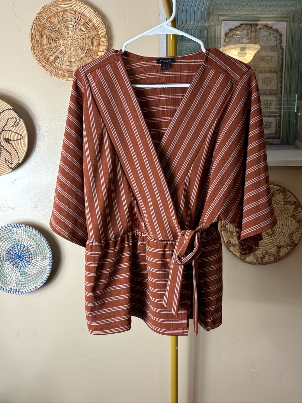 Ann Taylor Rust and White Striped Wrap Top